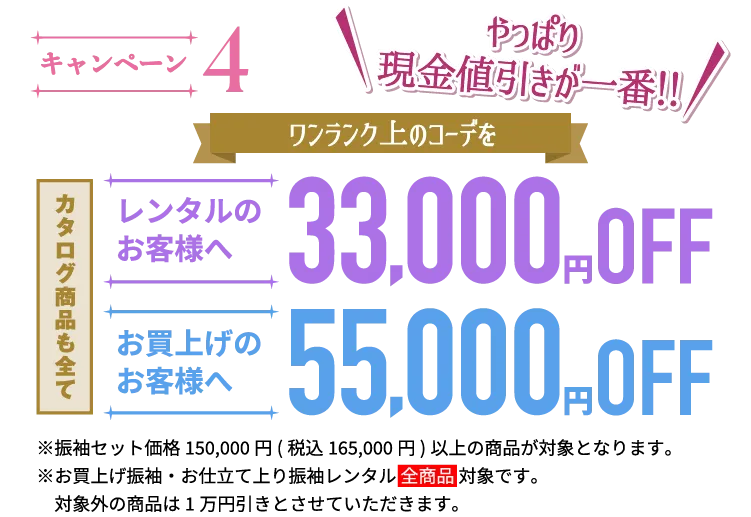 キャンペーン4。振袖をレンタルすると33,000円OFF、購入すると55,000円OFF。対象商品はカタログ掲載商品含む15万円以上のセット