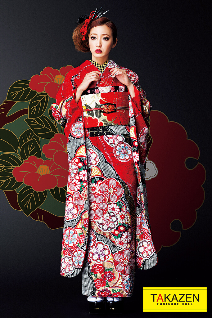 TAKAZENのレンタル振袖 ジャパンモード　赤/黒　絞り柄　高級　かっこいい　粋な花魁風振袖【通販可】#F0104