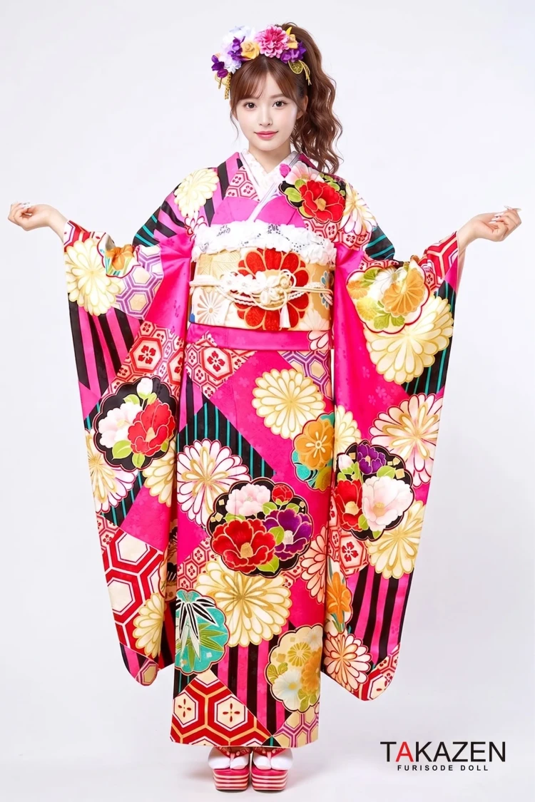 TAKAZENのレンタル振袖 レトロ 赤/黒/ピンク 椿柄/菊柄 個性的 かわいい 目立つ バービー振袖【通販可】21001