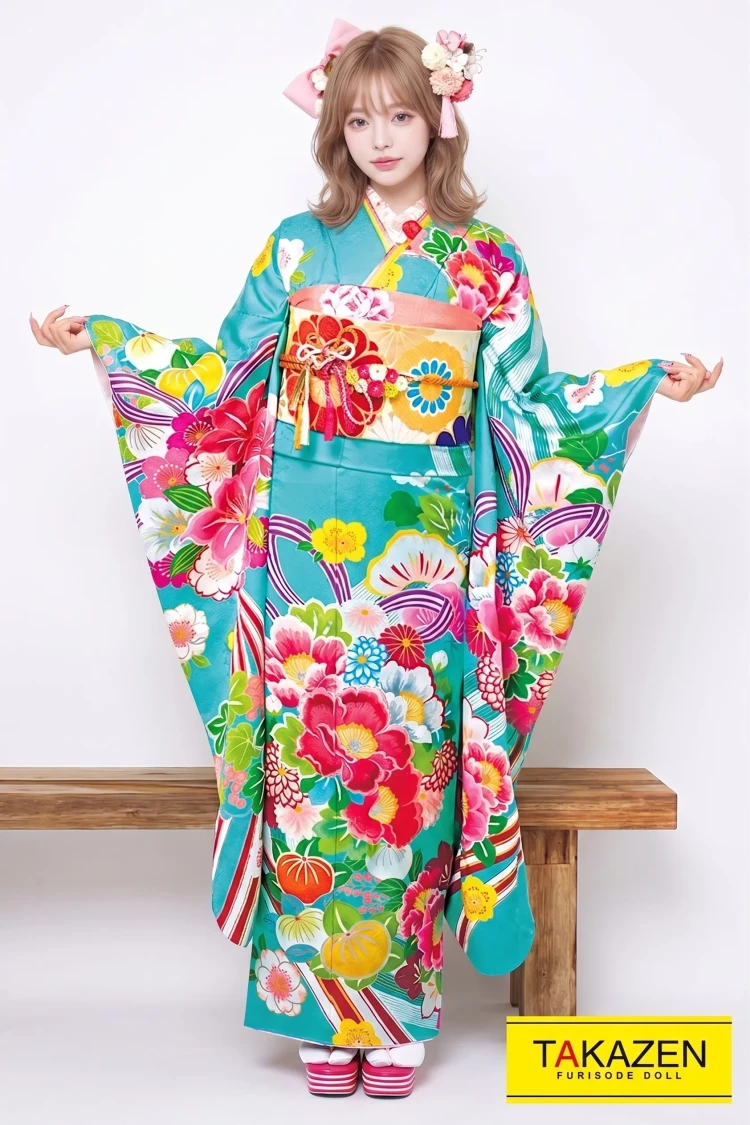 TAKAZENのレンタル振袖 レトロ 水色/黄/ピンク ツバキ柄 個性的振袖 派手 モダン かわいい【通販可】21012