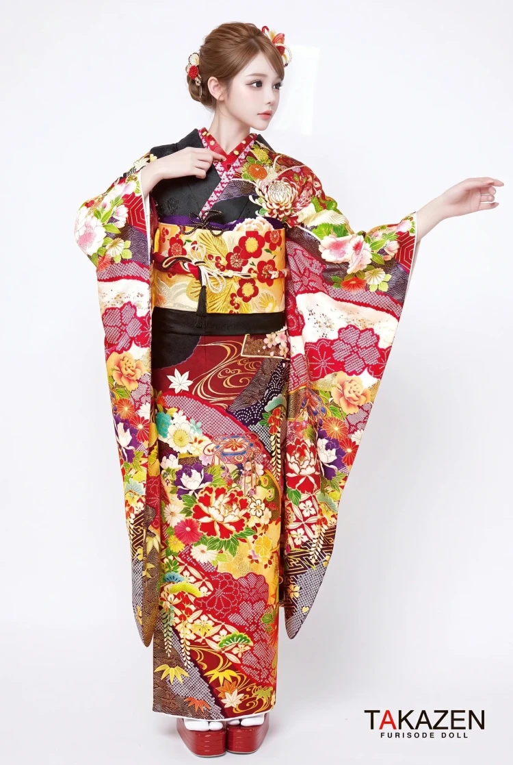 TAKAZENのレンタル振袖 正統派古典 黒/赤/ゴールド(金色) 牡丹柄/絞り柄 大人っぽい 豪華 かっこいい 目立つ 黒地【通販可】21018
