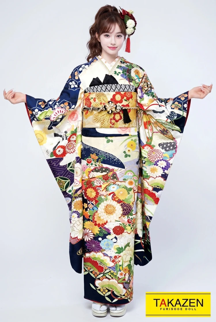 TAKAZENのレンタル振袖 正統派古典 白/紺/ネイビー 菊柄 大人っぽい 綺麗古典 清楚 落ち着いた振袖【通販可】21023