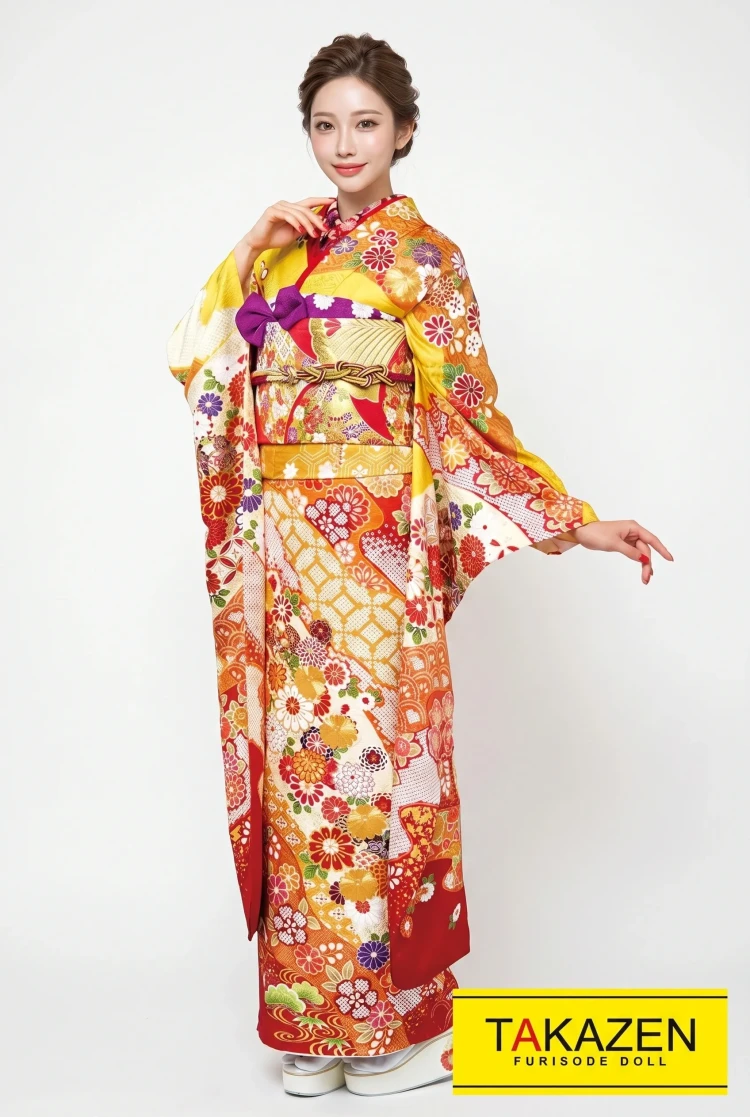 TAKAZENのレンタル振袖 正統派古典　黄/イエロー　菊柄/小花柄　ビタミンカラー　人と被らない振袖　豪華　高級刺繍古典　華やか【通販可】21024