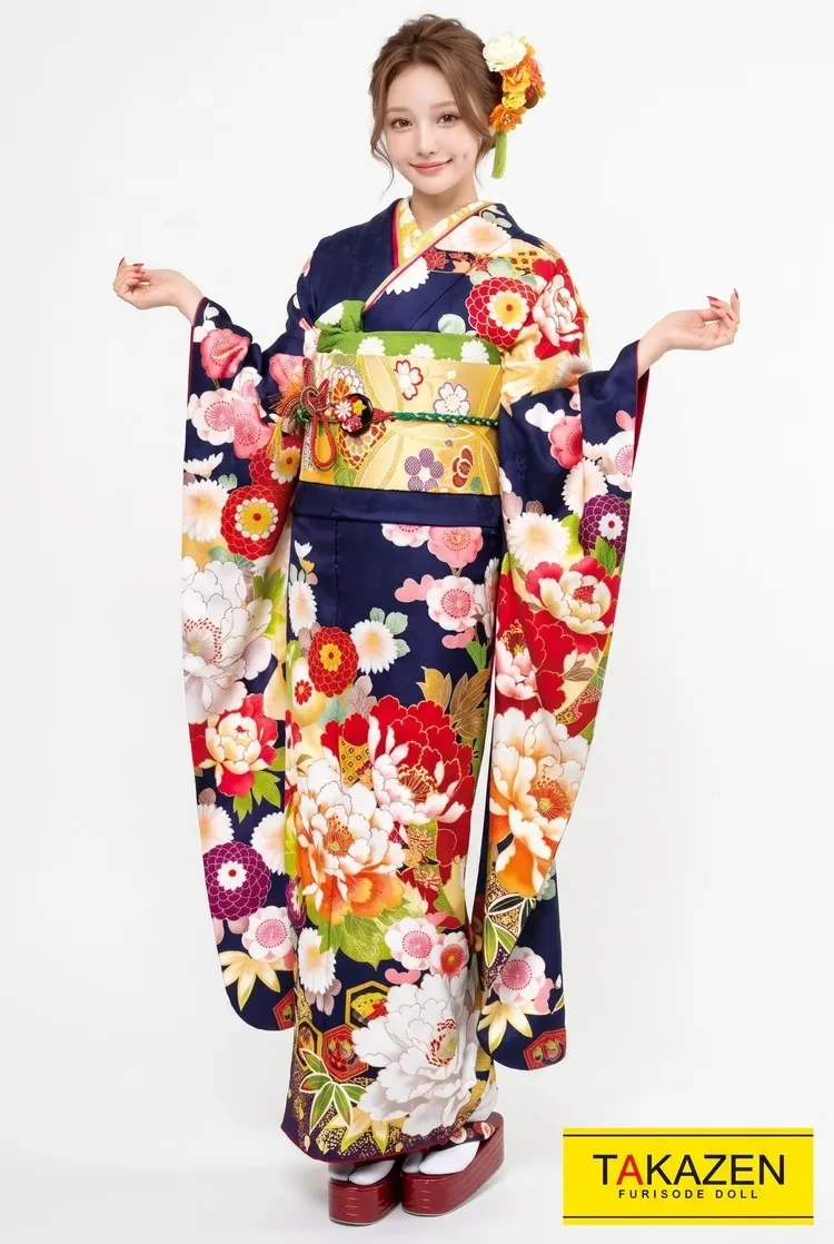 TAKAZENのレンタル振袖 正統派古典 紺/オレンジ/ネイビー 牡丹柄/大柄 華やか 大人っぽい古典振袖 豪華 王道【通販可】21025