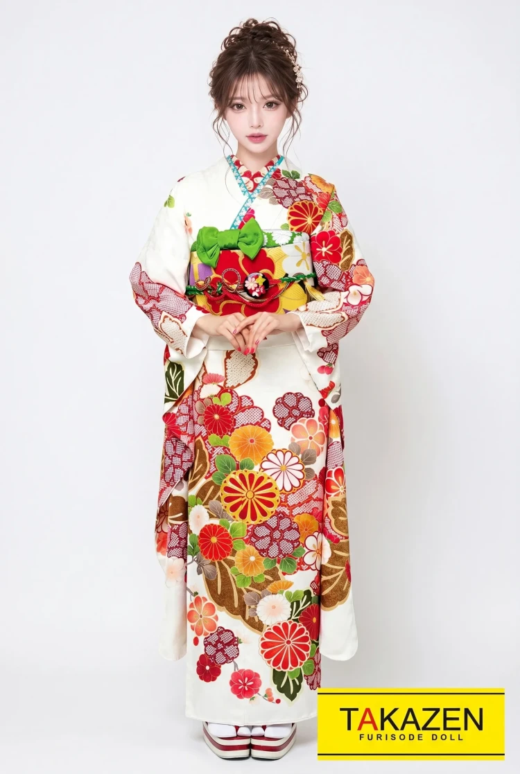 TAKAZENのレンタル振袖 正統派古典　白/赤/クリーム　菊柄/小花柄　上品　きれい　シンプル振袖　白ベース　はんなり【通販可】21026