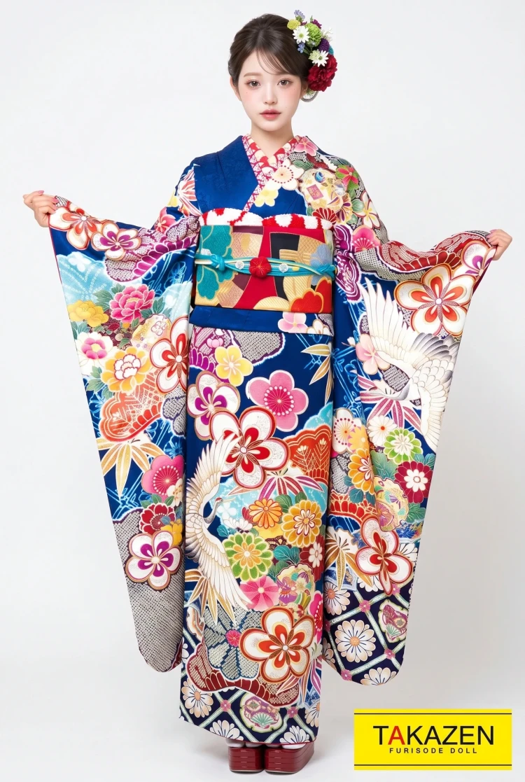 TAKAZENのレンタル振袖 正統派古典　青色/ブルー　梅柄/鶴柄　目立つ　華やか　レトロポップ振袖　人と被らない　縁起の良い柄【通販可】21028