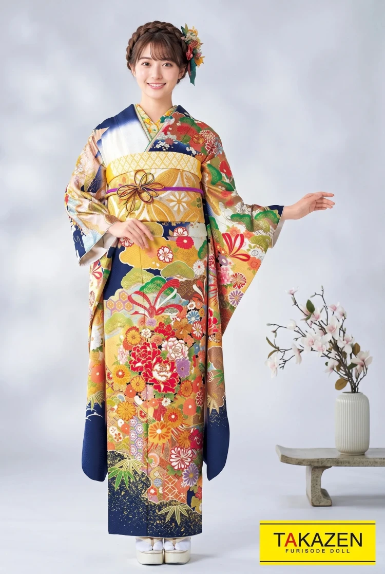 TAKAZENのレンタル振袖 プレミアム古典 白/青(ブルー)/金色 牡丹柄 煌びやか 金駒繍豪華 桂由美プレミアム【通販可】21034