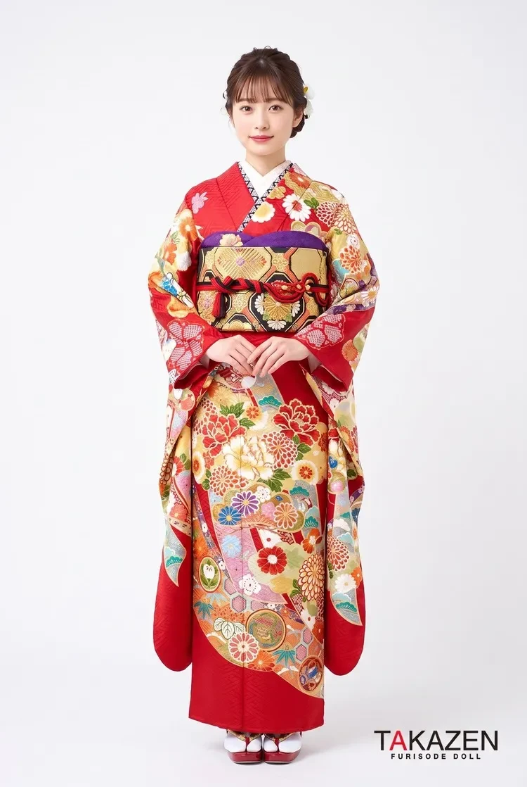 TAKAZENのレンタル振袖 プレミアム古典 赤/黒/ゴールド(金色) 熨斗柄 古典柄振袖 最高級金駒刺繍 上品 おしとやか【通販可】21036