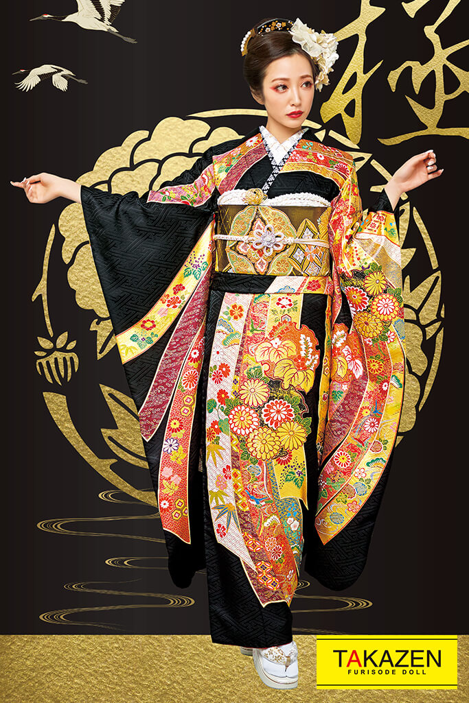 TAKAZENのレンタル振袖 ジャパンモード　黒/金(ゴールド)　熨斗柄　最高級　豪華　かっこいい　上品【通販可】21048