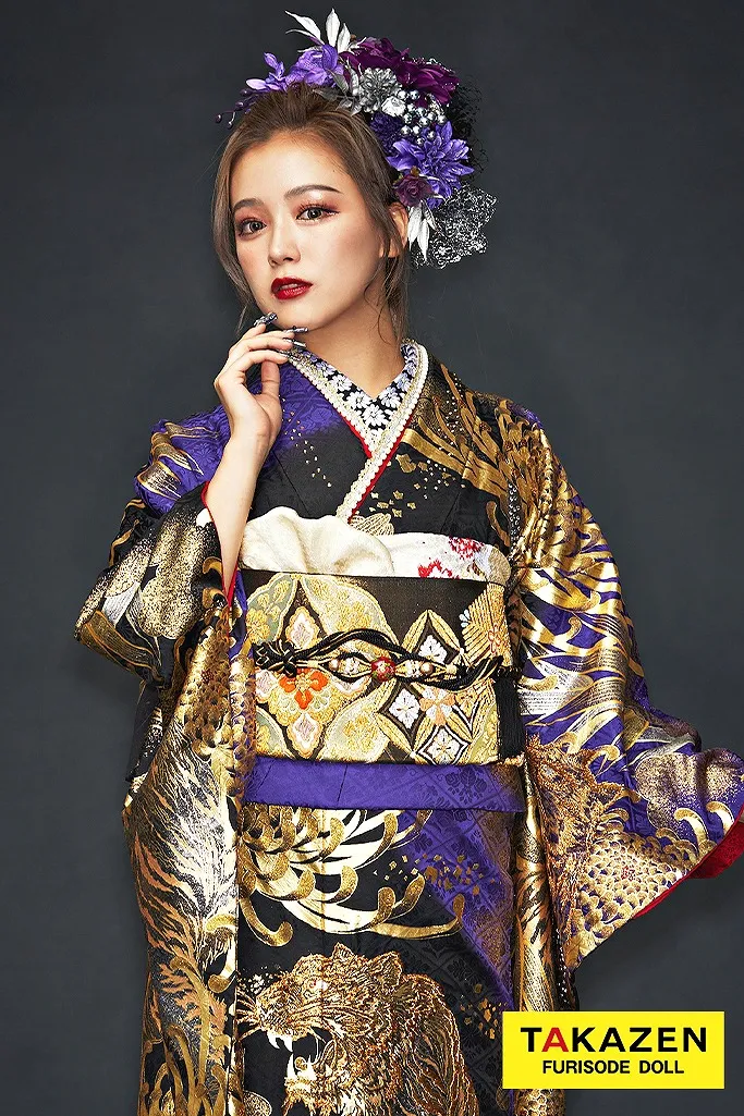 ジャパンモード 紫 ゴールド 金色 黒 初代虎柄 23年24年流行 人と被らない 厳つい 絶対 目立つ かっこいい アニマル柄 通販可 240 成人式振袖 卒業式袴レンタル 前撮りなら Takazen 大阪 梅田 心斎橋 堺 兵庫 神戸三宮 奈良の店舗へ