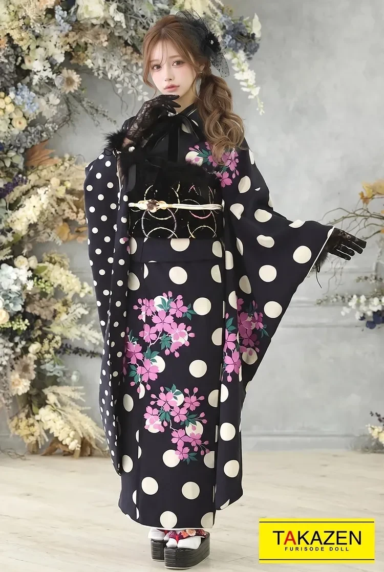 TAKAZENのレンタル振袖 格安レトロポップ 紫 ドット柄 量産型 かわいい 振袖 おしゃれ 今どきの着こなし リボンアレンジ【通販可】30032