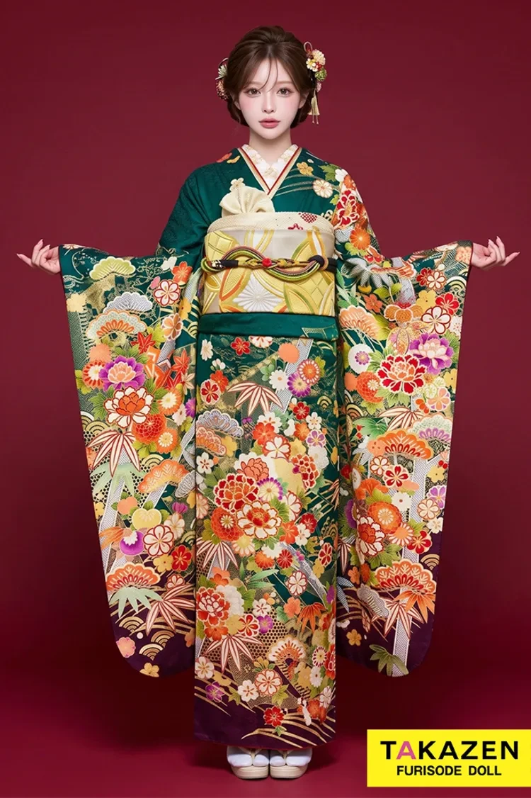 TAKAZENのレンタル振袖 安い！正統派古典　緑　吉祥文様/松竹梅　清楚　王道　上品【通販可】30086