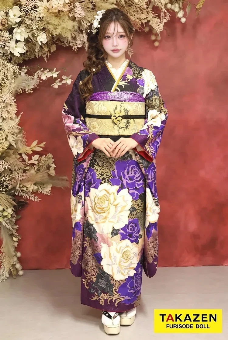 TAKAZENのレンタル振袖 モード 紫/黒/白 薔薇大柄 MURUAブランド 派手 豪華 かっこいい系振袖 目立つ ギャル【通販可】31152