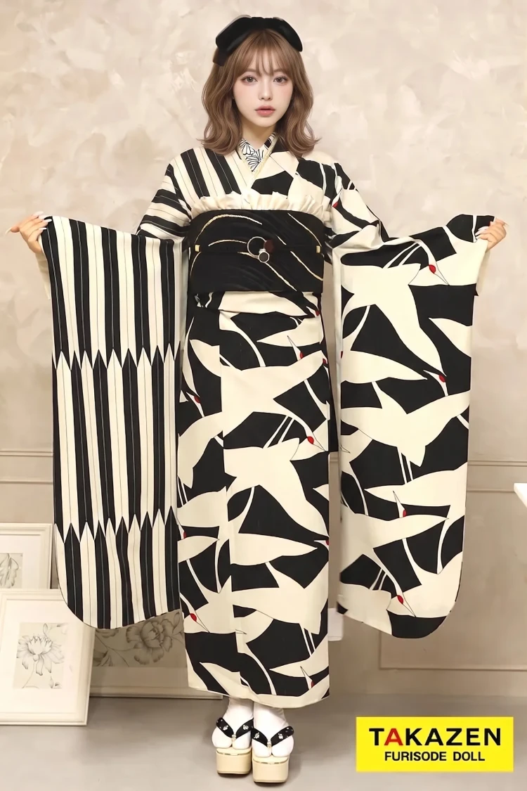 TAKAZENのレンタル振袖 格安レトロ 黒/白/モノトーン 鶴柄 人気 個性的 おしゃれ レトロモダン振袖 目立つ 被らない 片身替わり【通販可】32007