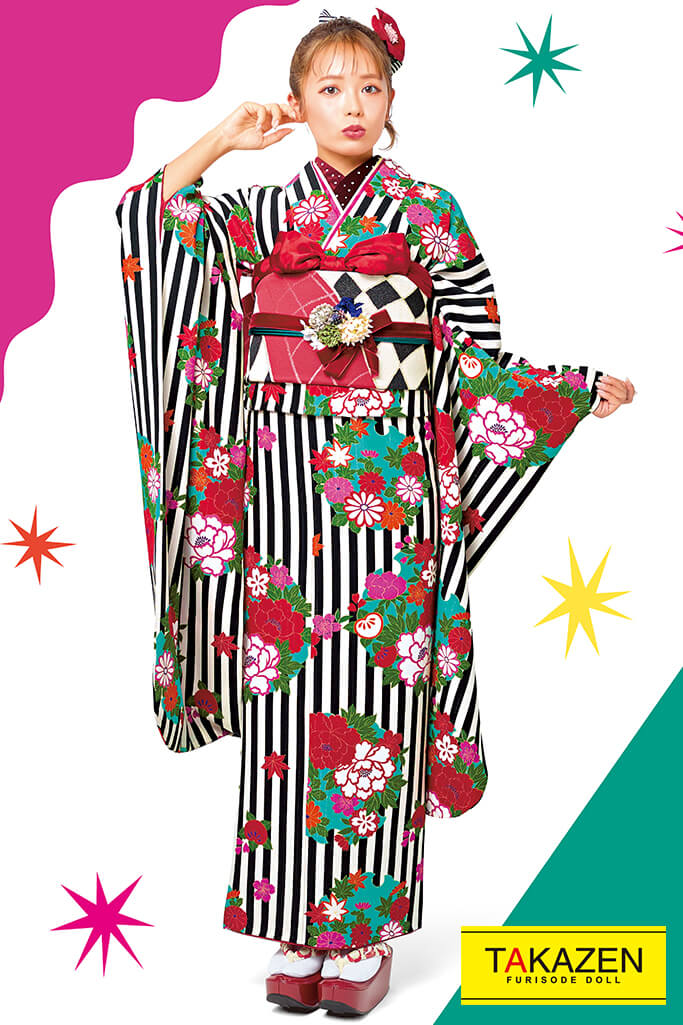 成人式人気着物 レンタルフルセット 通販可 人気個性的レトロモダン 派手可愛いストライプ柄 黒 白 315 レトロ 成人式は個性的なレトロ 振袖 振袖 袴レンタルなら Takazen 大阪 心斎橋 堺 兵庫 神戸 奈良の店舗へ