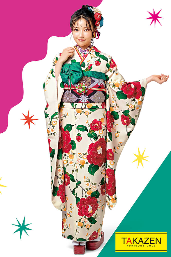 成人式人気着物 レンタルフルセット 通販可 人気個性的かわいいレトロ 流行りツバキ柄 白 クリーム 赤 3 レトロ 成人式は個性的なレトロ振袖 振袖 袴レンタルなら Takazen 大阪 心斎橋 堺 兵庫 神戸 奈良の店舗へ