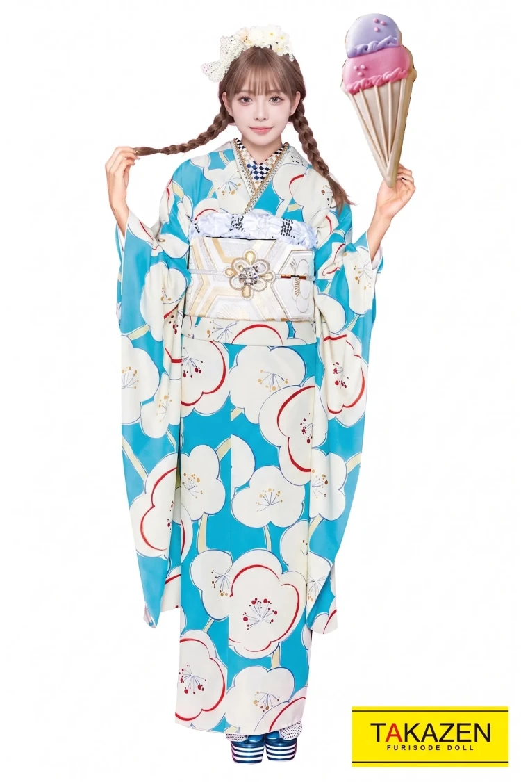 TAKAZENのレンタル振袖 安いレトロ 水色/白/ブルー 梅柄 シンプル 個性的 綺麗振袖 かわいい 激安【通販可】32021