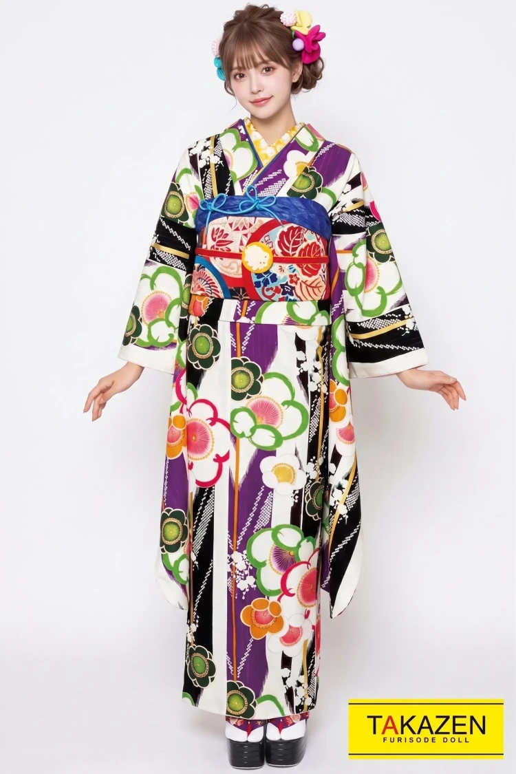 TAKAZENのレンタル振袖 格安レトロ 白/紫グリーン(緑色) 梅柄 和柄振袖 個性的 安いフルセット モダン【通販可】32024