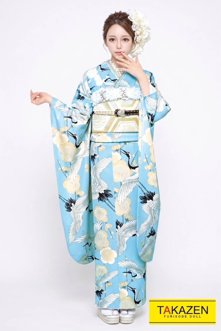 TAKAZENのレンタル振袖 レトロ 白/水色/淡い色 鶴柄 人気 個性的 おしゃれ モダン振袖 おめでたい柄【通販可】32025