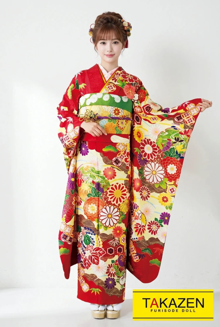 TAKAZENのレンタル振袖 正統派古典　赤/グリーン(緑色)　和風柄　はんなり　上品　綺麗かわいい古典振袖　華やか【通販可】32039