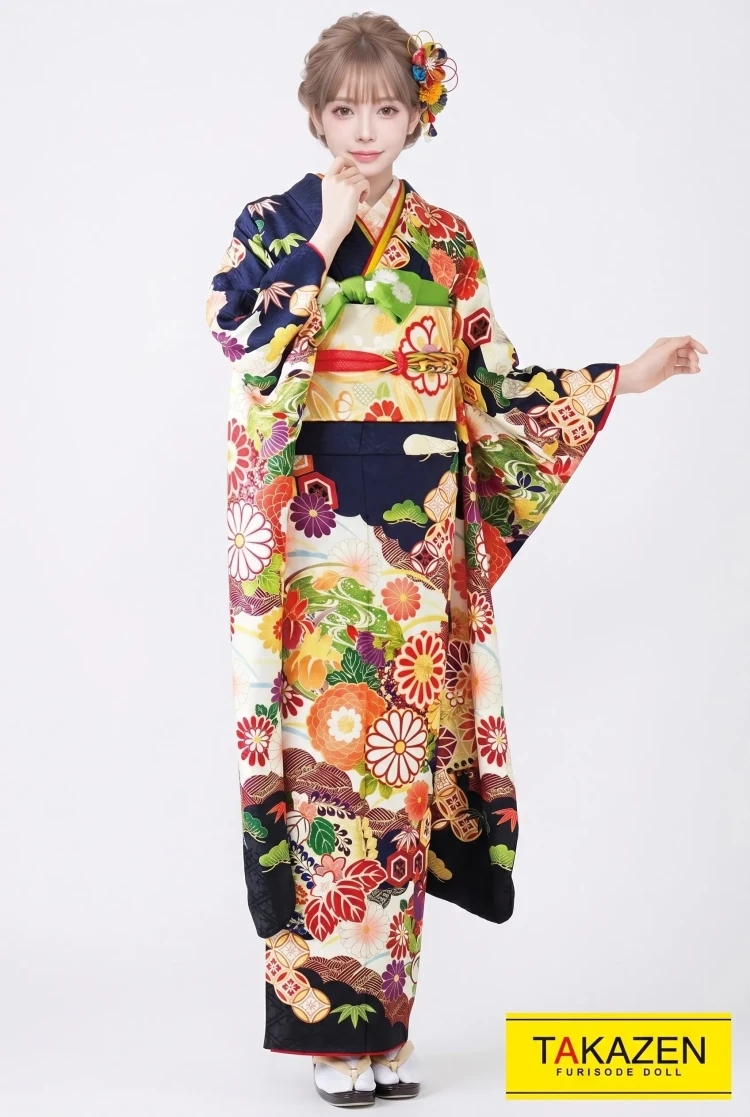 TAKAZENのレンタル振袖 正統派古典　紺/赤/クリーム/ブルー　菊柄/和柄　上品　大人かわいい古典柄　綺麗な刺繍【通販可】32040