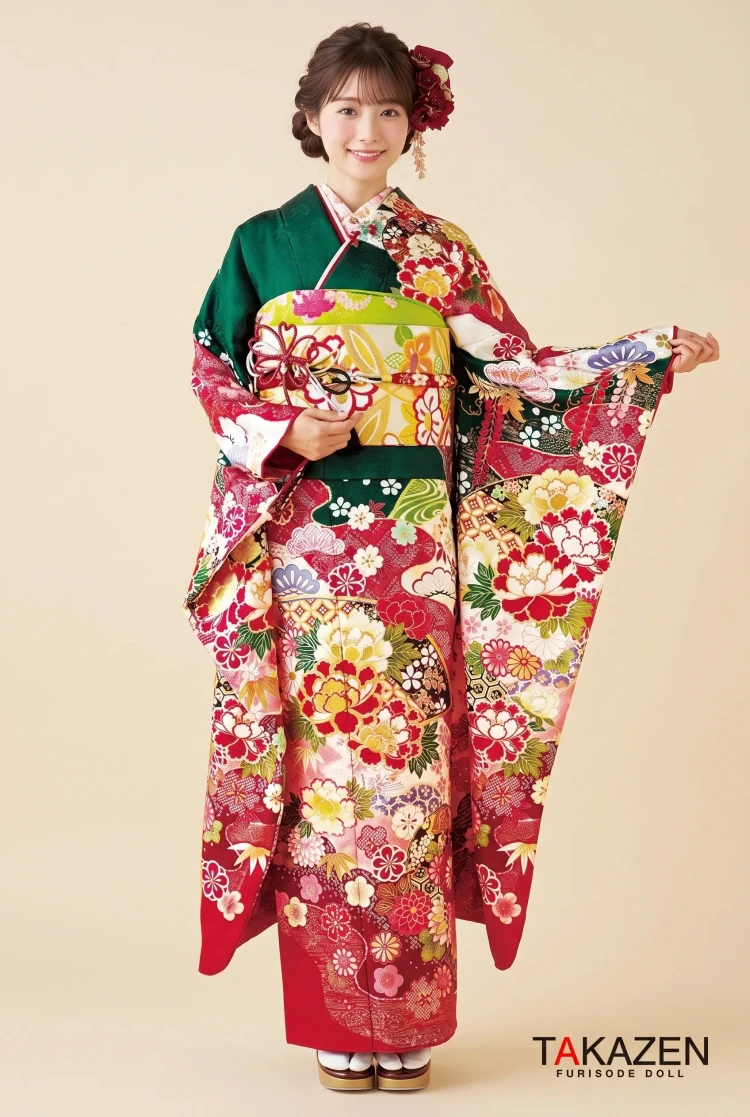 TAKAZENのレンタル振袖 格安正統派古典 赤/グリーン(緑色) 牡丹柄 上品 大人かわいい 古典振袖 華やか 王道【通販可】32043