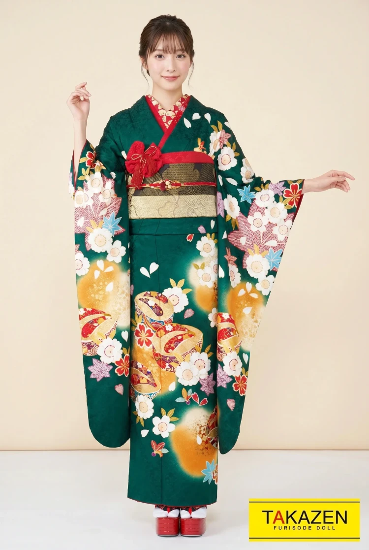TAKAZENのレンタル振袖 正統派古典 緑/グリーン/からし ウサギ柄/こっぽり柄 大人っぽい シンプル古典柄 人と被らない【通販可】32050