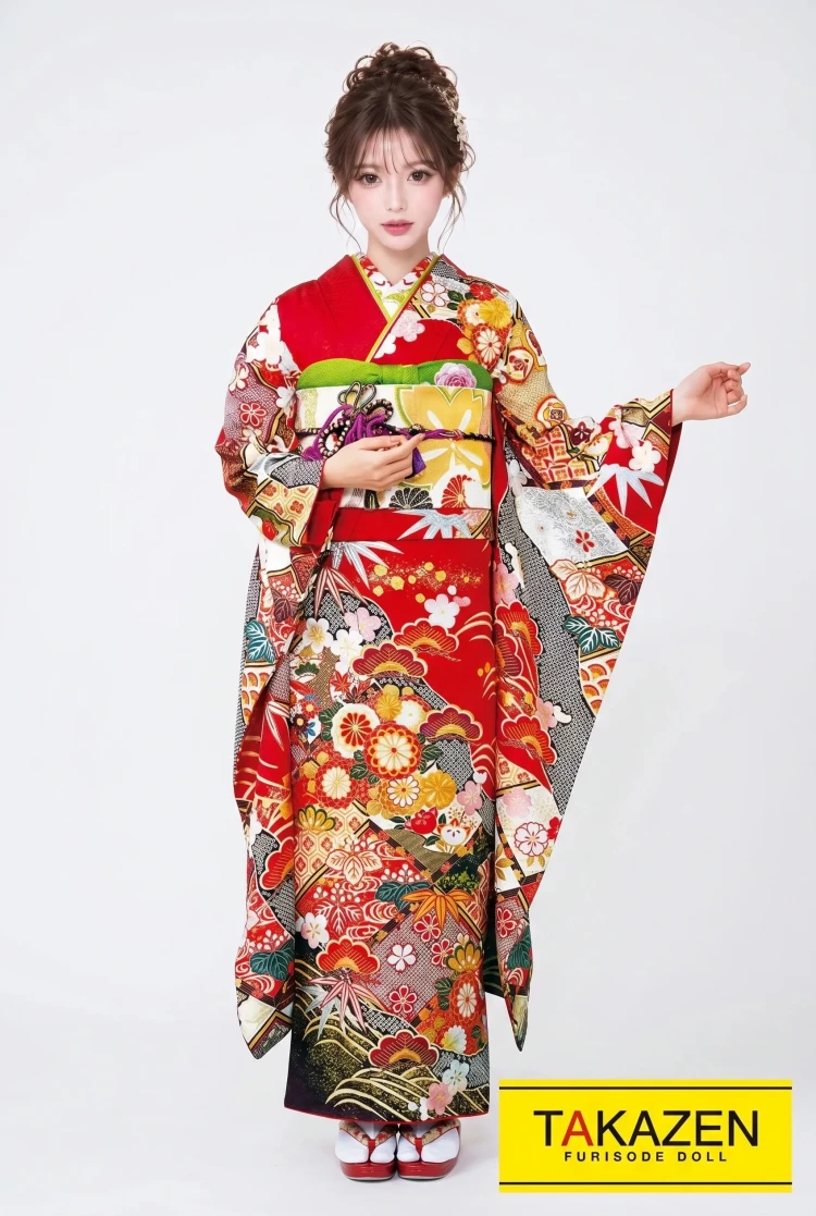 TAKAZENのレンタル振袖 正統派古典　赤/黒/ゴールド(金色)　菊柄/和柄/小さめ柄　定番人気　上品　綺麗古典振袖　大人　可愛い【通販可】32052