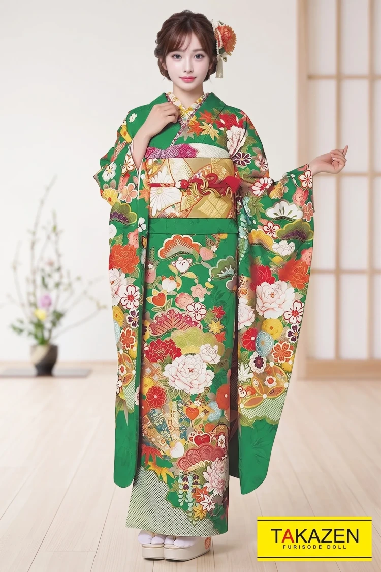 TAKAZENのレンタル振袖 正統派古典 鶸色/グリーン(黄緑色) 牡丹柄 大人可愛い 鮮やか古典振袖振袖 上品 定番 人気【通販可】32053