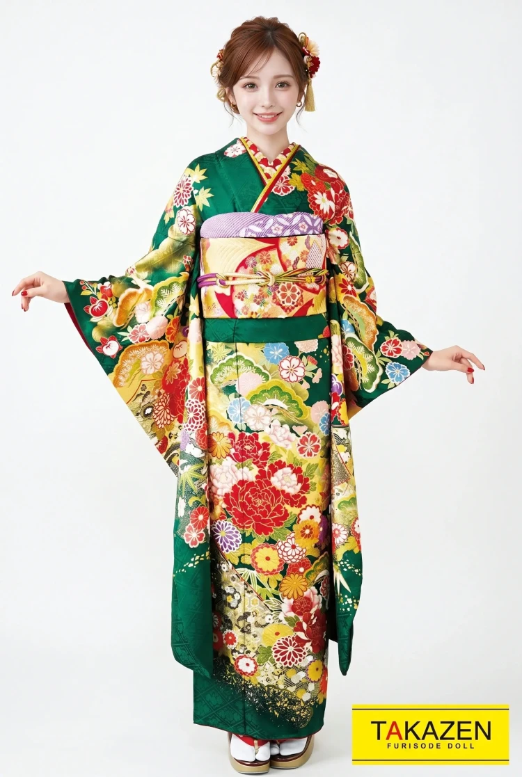 TAKAZENのレンタル振袖 正統派古典　緑色/金(ゴールド)　牡丹柄　豪華　金彩古典振袖　桂由美プレミアム【通販可】32057