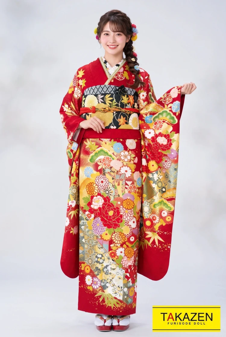 TAKAZENのレンタル振袖 正統派古典 赤/ゴールド(金色) 御所車柄/高級柄 上品 大人っぽい 豪華 桂由美プレミアム古典【通販可】32059
