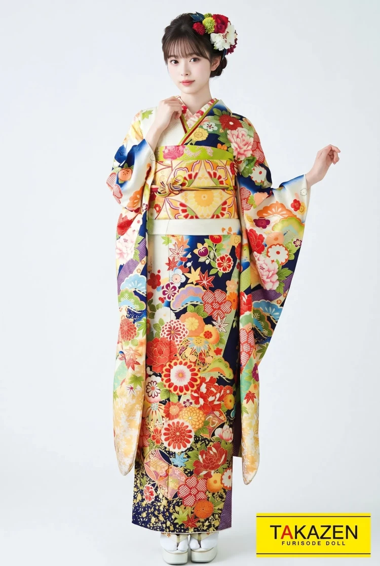 TAKAZENのレンタル振袖 正統派古典 白/紺/オレンジ 菊柄/小花/柄多め 華やか 上品 大人っぽい 豪華古典振袖 高級金彩刺繍【通販可】32060