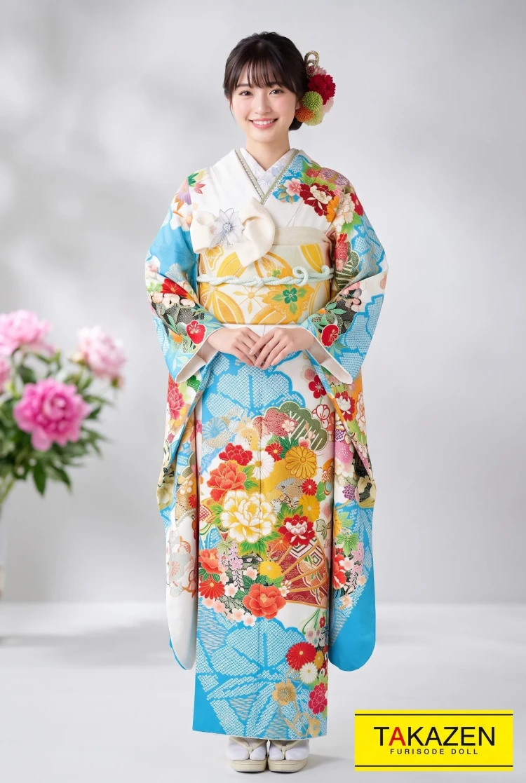 TAKAZENのレンタル振袖 正統派古典 白/水色/ブルー 牡丹柄/扇柄 綺麗 上品 大人っぽい古典 綺麗 金駒繍京刺繍京友禅【通販可】32061