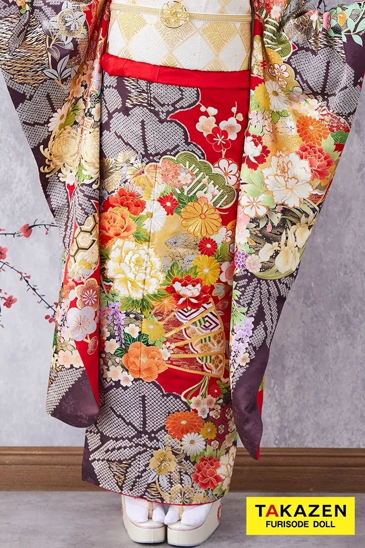 TAKAZENのレンタル振袖 格安！正統派古典　赤/黒/ゴールド(金色)　牡丹柄/扇柄　大人っぽい　豪華　きれいめ　安い振袖【通販可】32062