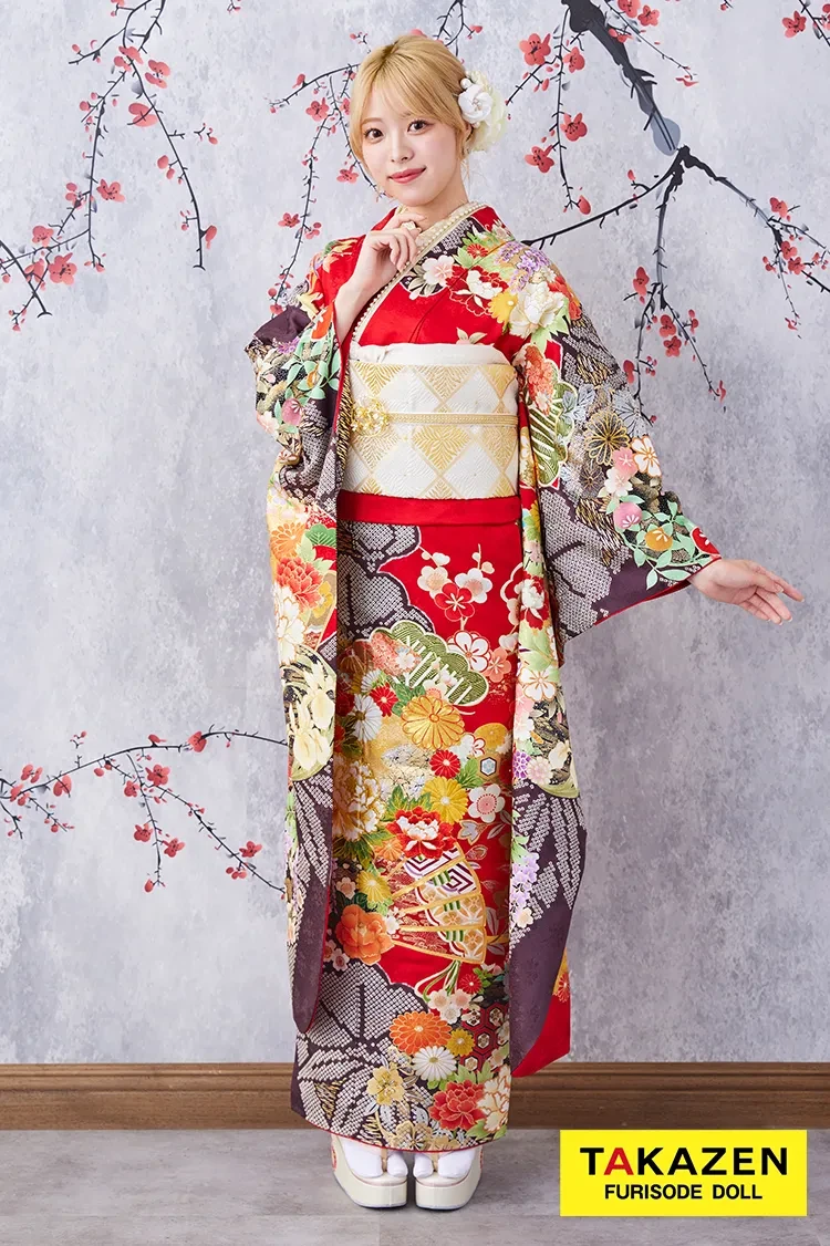 TAKAZENのレンタル振袖 格安！正統派古典　赤/黒/ゴールド(金色)　牡丹柄/扇柄　大人っぽい　豪華　きれいめ　安い振袖【通販可】32062