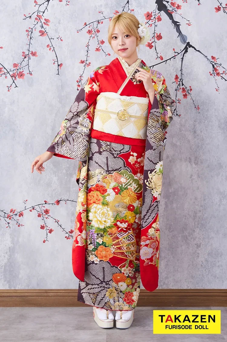 TAKAZENのレンタル振袖 格安！正統派古典　赤/黒/ゴールド(金色)　牡丹柄/扇柄　大人っぽい　豪華　きれいめ　安い振袖【通販可】32062