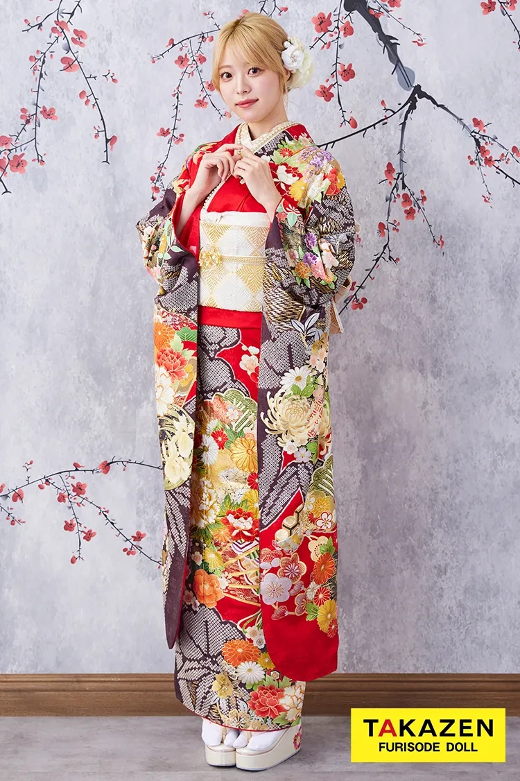 TAKAZENのレンタル振袖 格安！正統派古典　赤/黒/ゴールド(金色)　牡丹柄/扇柄　大人っぽい　豪華　きれいめ　安い振袖【通販可】32062