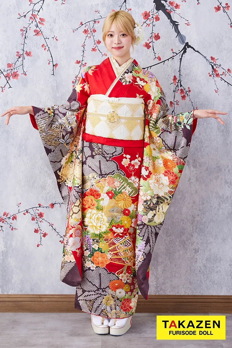 TAKAZENのレンタル振袖 格安！正統派古典　赤/黒/ゴールド(金色)　牡丹柄/扇柄　大人っぽい　豪華　きれいめ　安い振袖【通販可】32062