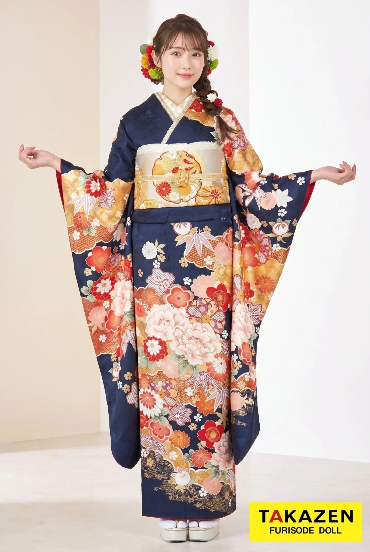 TAKAZENのレンタル振袖 正統派古典 紺/金色/ネイビー 牡丹柄 はんなり 上品 王道 大和撫子【通販可】32067