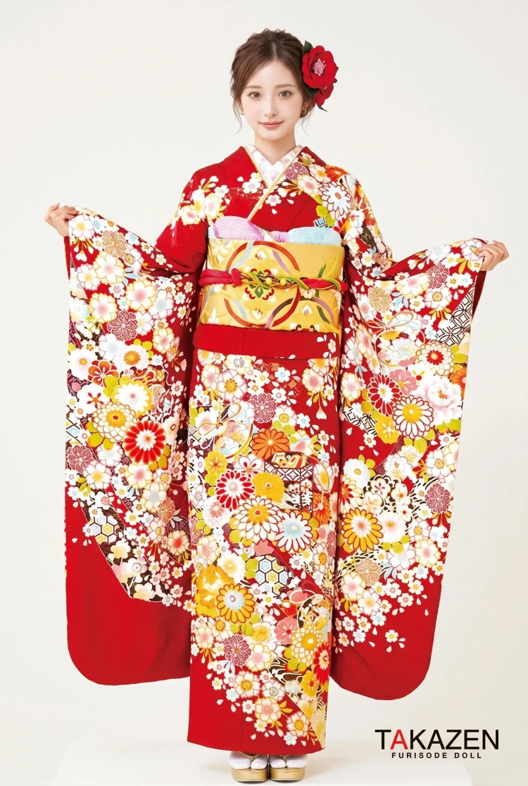TAKAZENのレンタル振袖 正統派古典 赤/白/クリーム 菊柄/小花柄/絞り風柄 上品 かわいい古典振袖 定番 華やか 清楚【通販可】32071