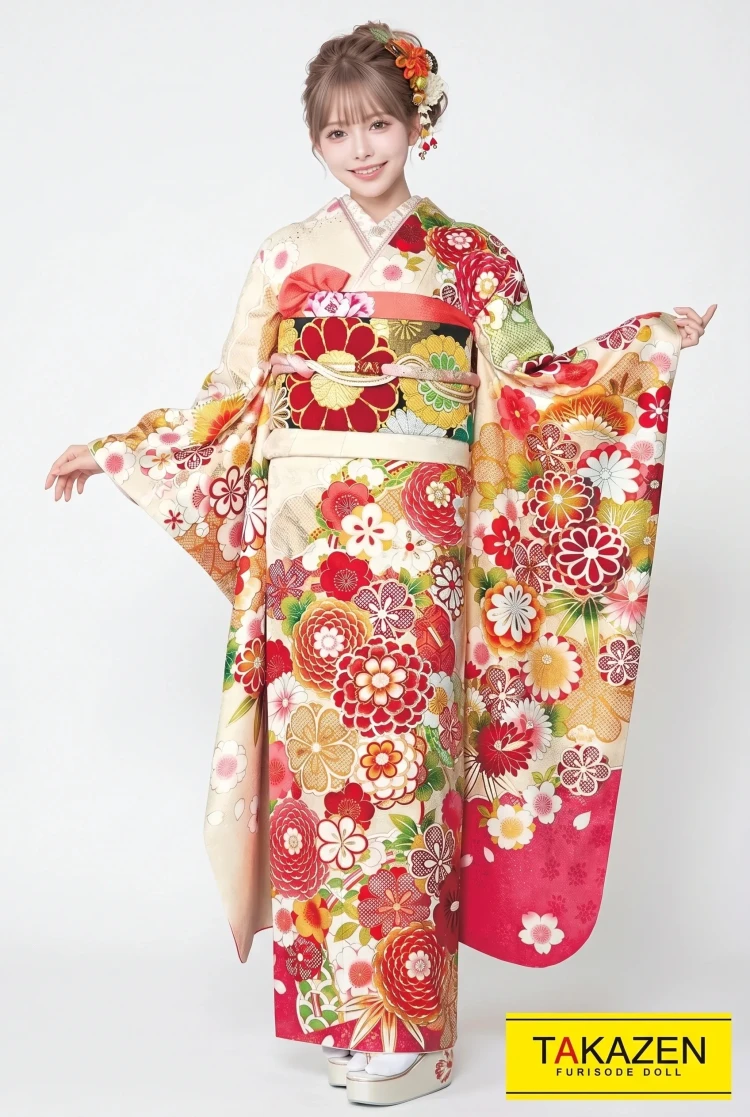 TAKAZENのレンタル振袖 正統派古典 クリーム/ピンク 菊柄/和柄 華やか かわいい系古典振袖 ポップ 女の子らしい【通販可】32072