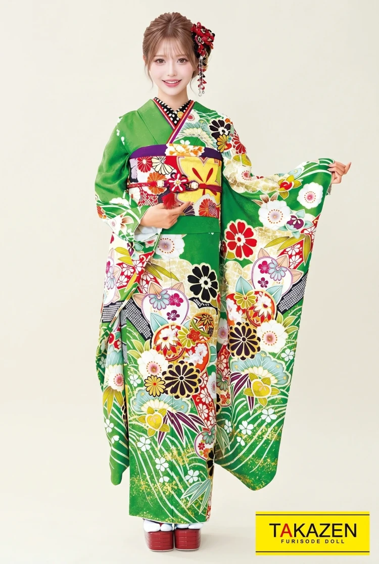 TAKAZENのレンタル振袖 格安正統派古典　鶸色/グリーン(黄緑色)　毬柄　上品　おしとやか　清楚振袖　大人かわいい【通販可】32073