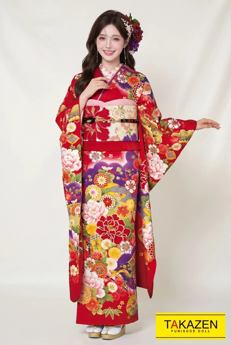 TAKAZENのレンタル振袖 正統派古典　赤/紫　御所車柄　大人っぽい　上品古典振袖　華やか　綺麗【通販可】32074