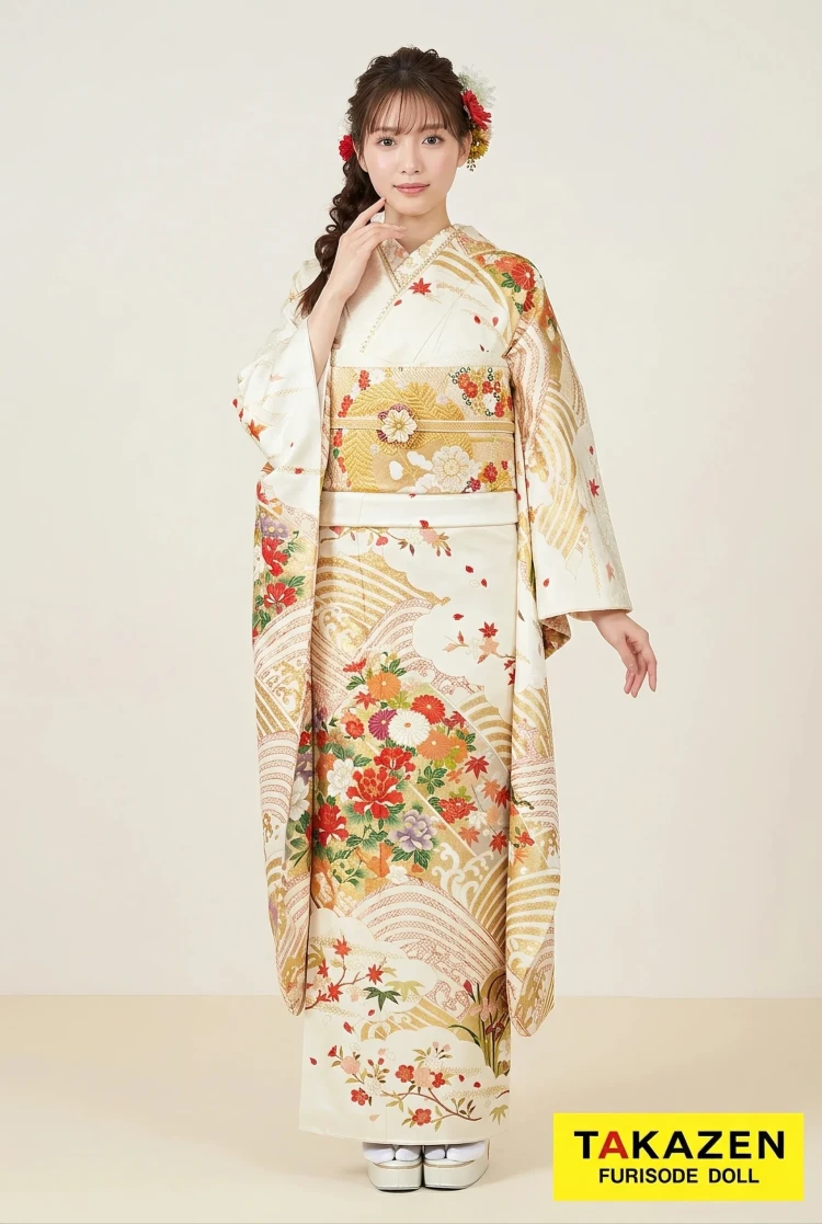 TAKAZENのレンタル振袖 正統派古典 白金 吉祥文様 清楚 大人っぽい シンプル 低身長さんにもおすすめ【通販可】32077