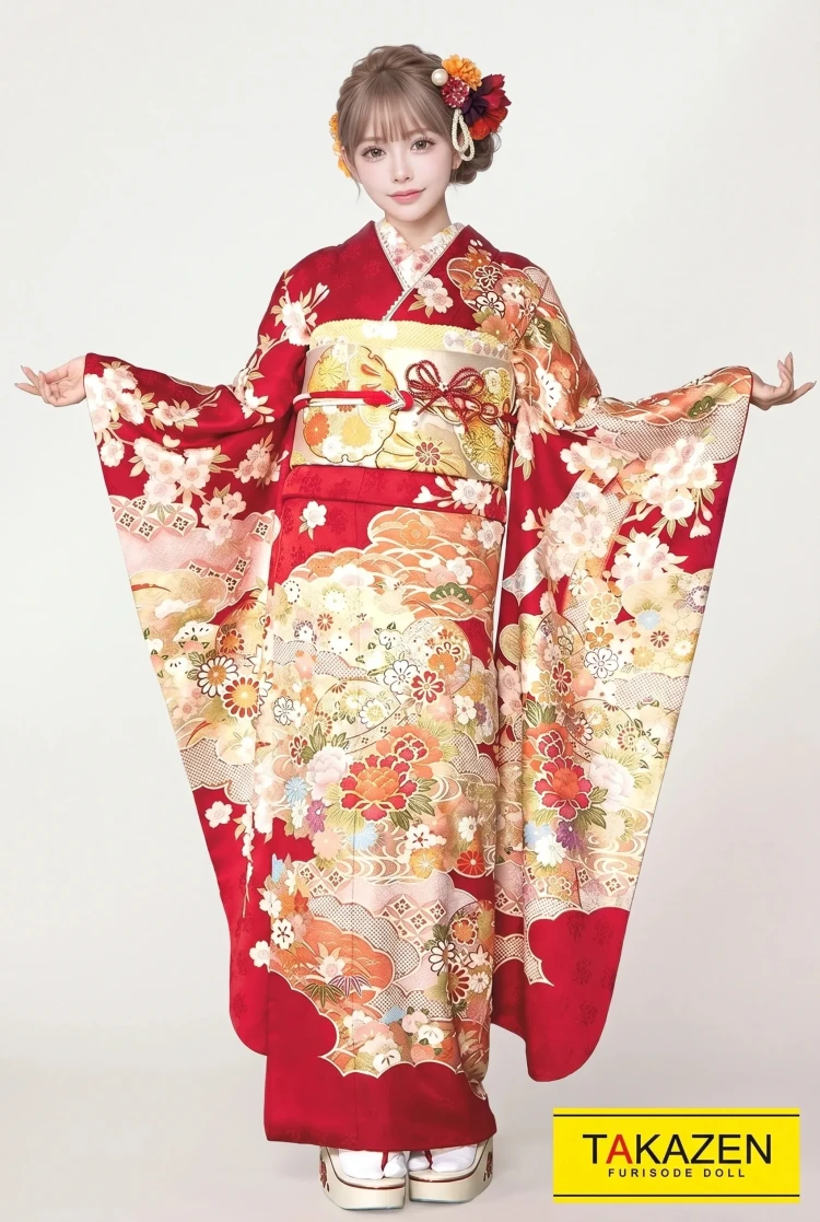 TAKAZENのレンタル振袖 正統派古典　赤　牡丹柄　人気　定番　可愛らしい　柄小さめ　低身長さんにもおすすめ【通販可】32078