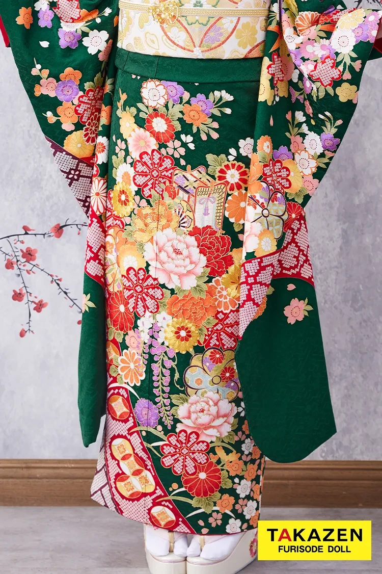 TAKAZENのレンタル振袖 激安お得！正統派古典　緑色/赤/グリーン　辻が花/御所車　王道　おしとやか　清楚振袖　大人っぽい【通販可】32079