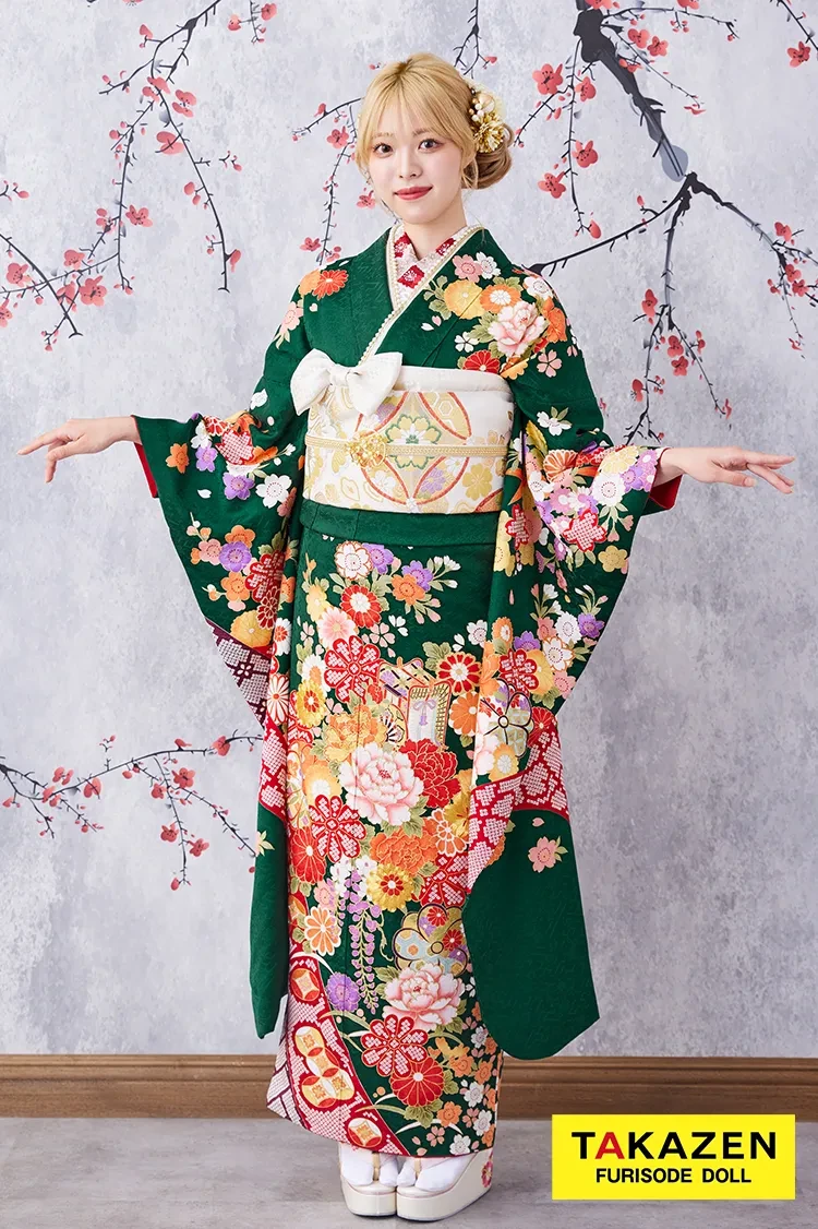 TAKAZENのレンタル振袖 激安お得！正統派古典　緑色/赤/グリーン　辻が花/御所車　王道　おしとやか　清楚振袖　大人っぽい【通販可】32079
