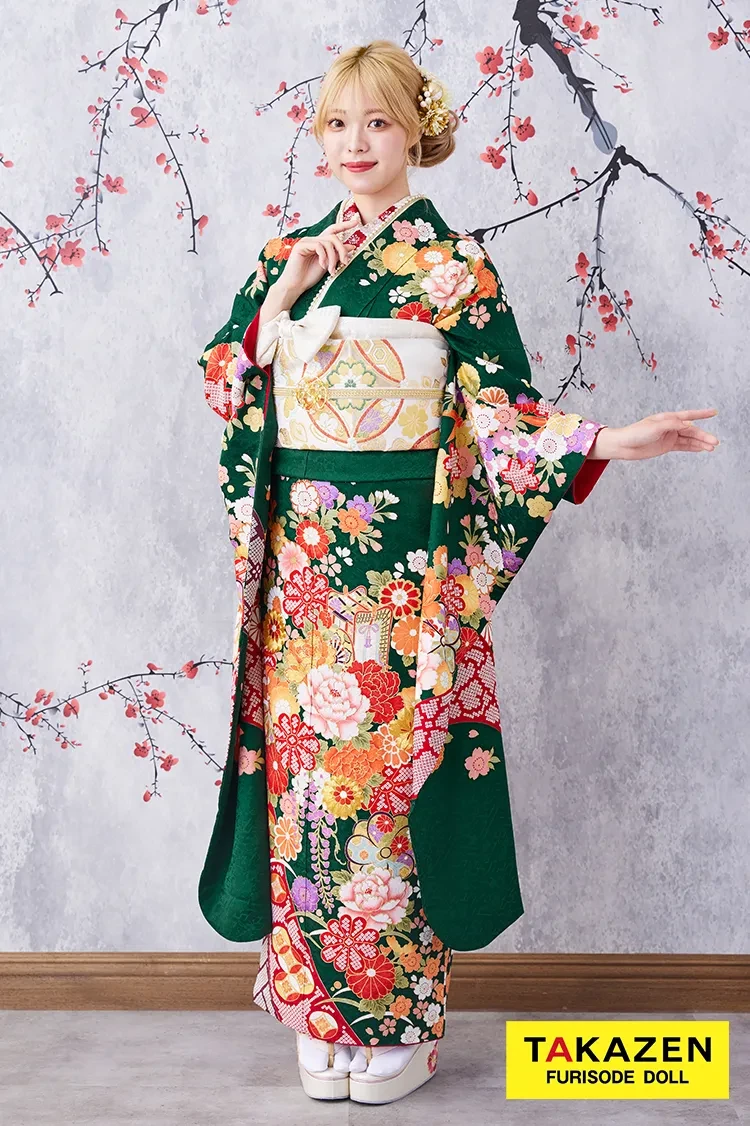 TAKAZENのレンタル振袖 激安お得！正統派古典　緑色/赤/グリーン　辻が花/御所車　王道　おしとやか　清楚振袖　大人っぽい【通販可】32079
