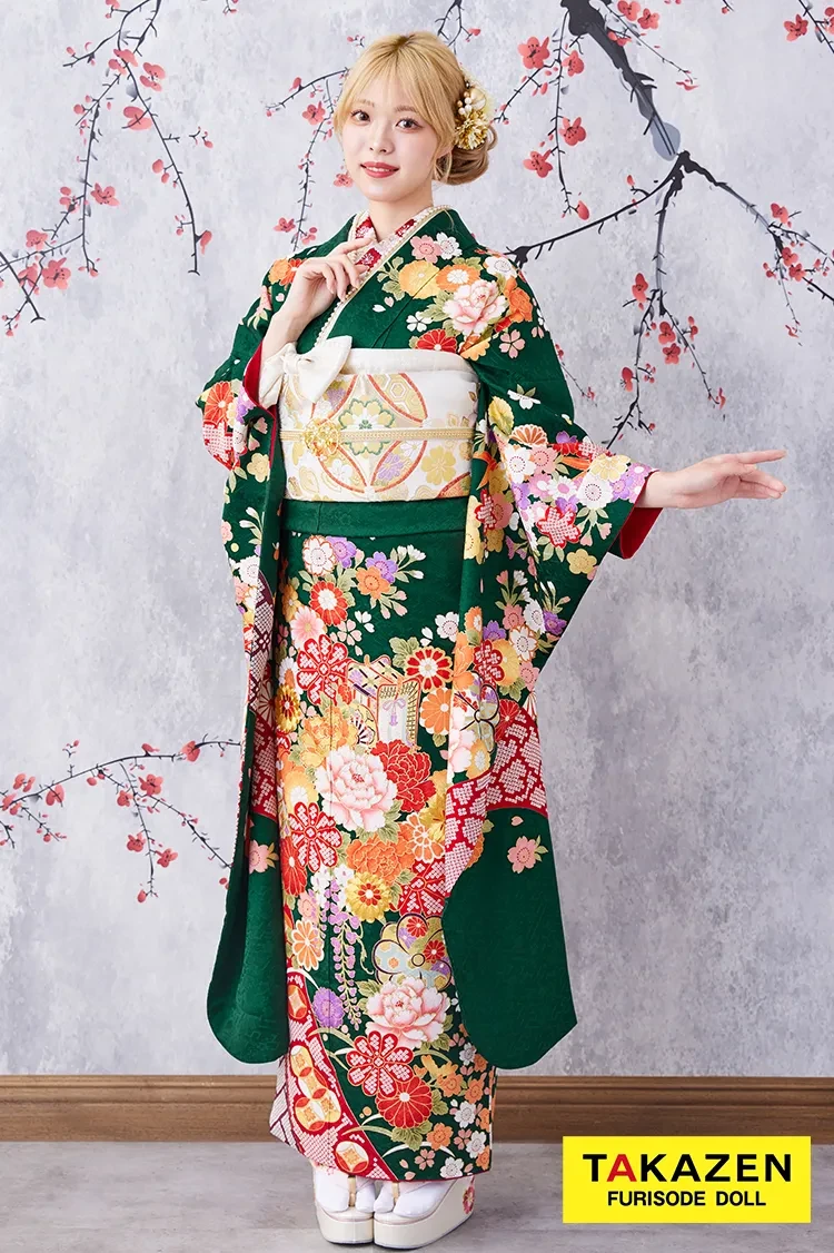 TAKAZENのレンタル振袖 激安お得!正統派古典 緑色/赤/グリーン 辻が花/御所車 王道 おしとやか 清楚振袖 大人っぽい【通販可】32079