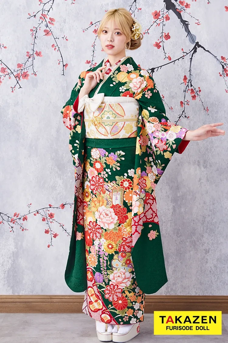 TAKAZENのレンタル振袖 激安お得！正統派古典　緑色/赤/グリーン　辻が花/御所車　王道　おしとやか　清楚振袖　大人っぽい【通販可】32079